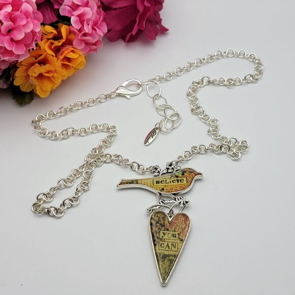 Plunder Design Bird & Heart Pendant Necklace "Believe You Can" Silver/Yellow 35" - Picture 1 of 7